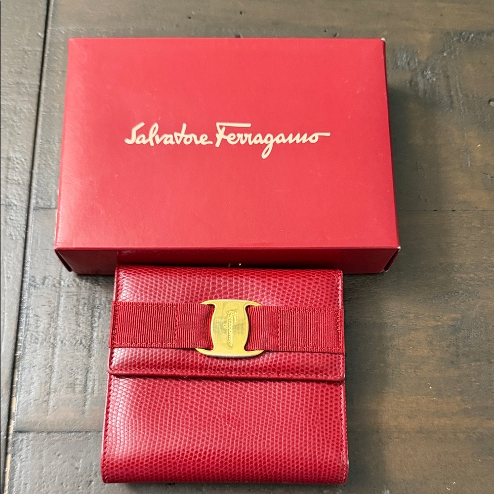 Authentic Salvatore Ferragamo Red Wallet with Gold Buckle